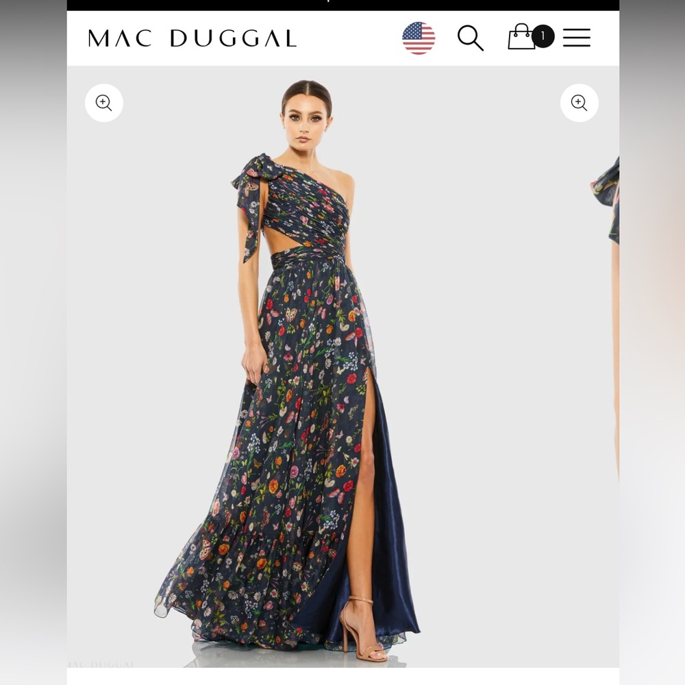 NWT MAC DUGGAL NAVY TIED ONE SHOULDER CUT-OUT FLOWY GOWN